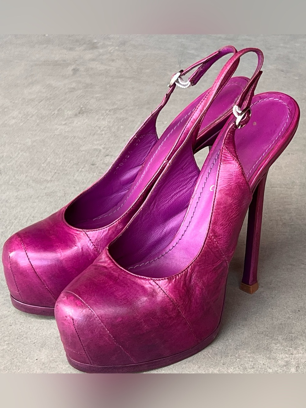 YSL Yves Saint Laurent Tribtoo Purple Eel Skin Slingback Platform Heels 37.5